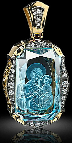 Нательная икона Иверская икона Божией Матери, голубой топаз