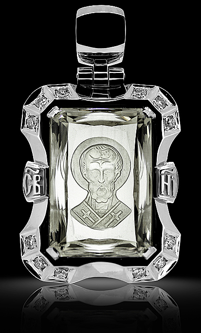 Нательная икона святитель Николай Чудотворец, горный хрусталь