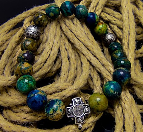 Четки из хризоколла с молитвой Мытаря и серебряным крестом
