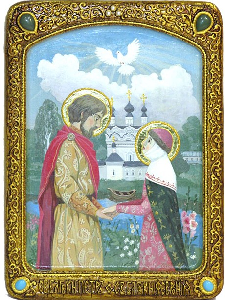 Живописная икона Петр и Феврония на кипарисе