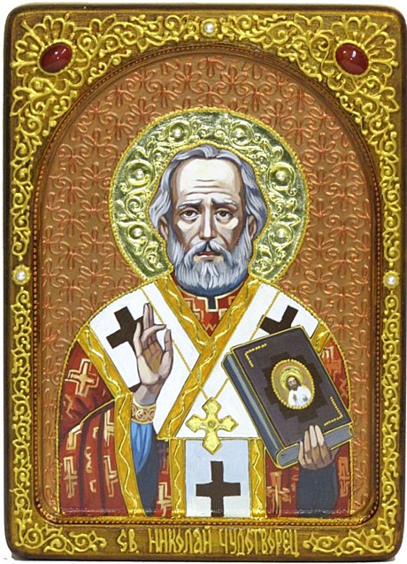Живописная икона святитель Николай, архиепископ Мир Ликийский (Мирликийский), чудотворец на кипарисе