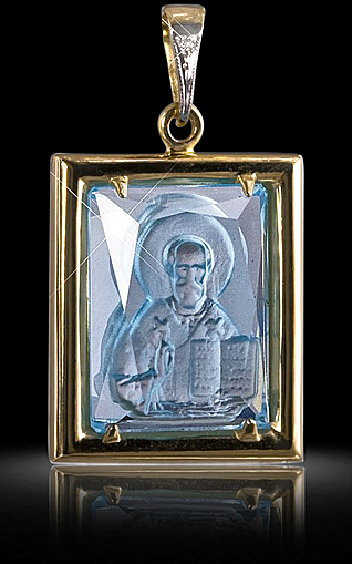 Образок святитель Николай Чудотворец, голубой топаз