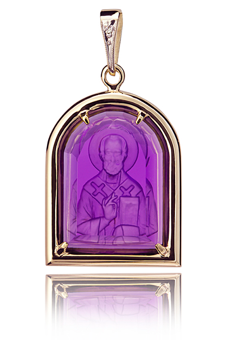 Золотая подвеска святитель Николай Чудотворец с бриллиантом на аметисте